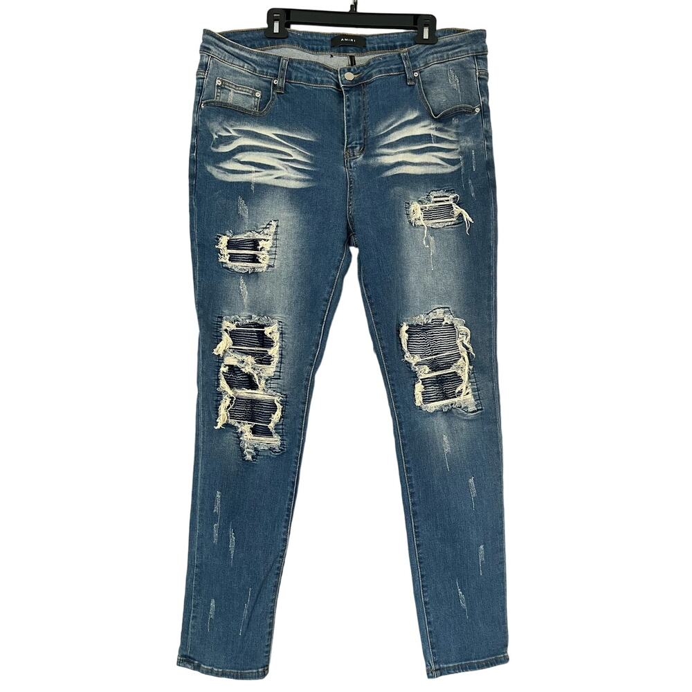 AMIRI Distressed Ripped Blue Straight Jeans